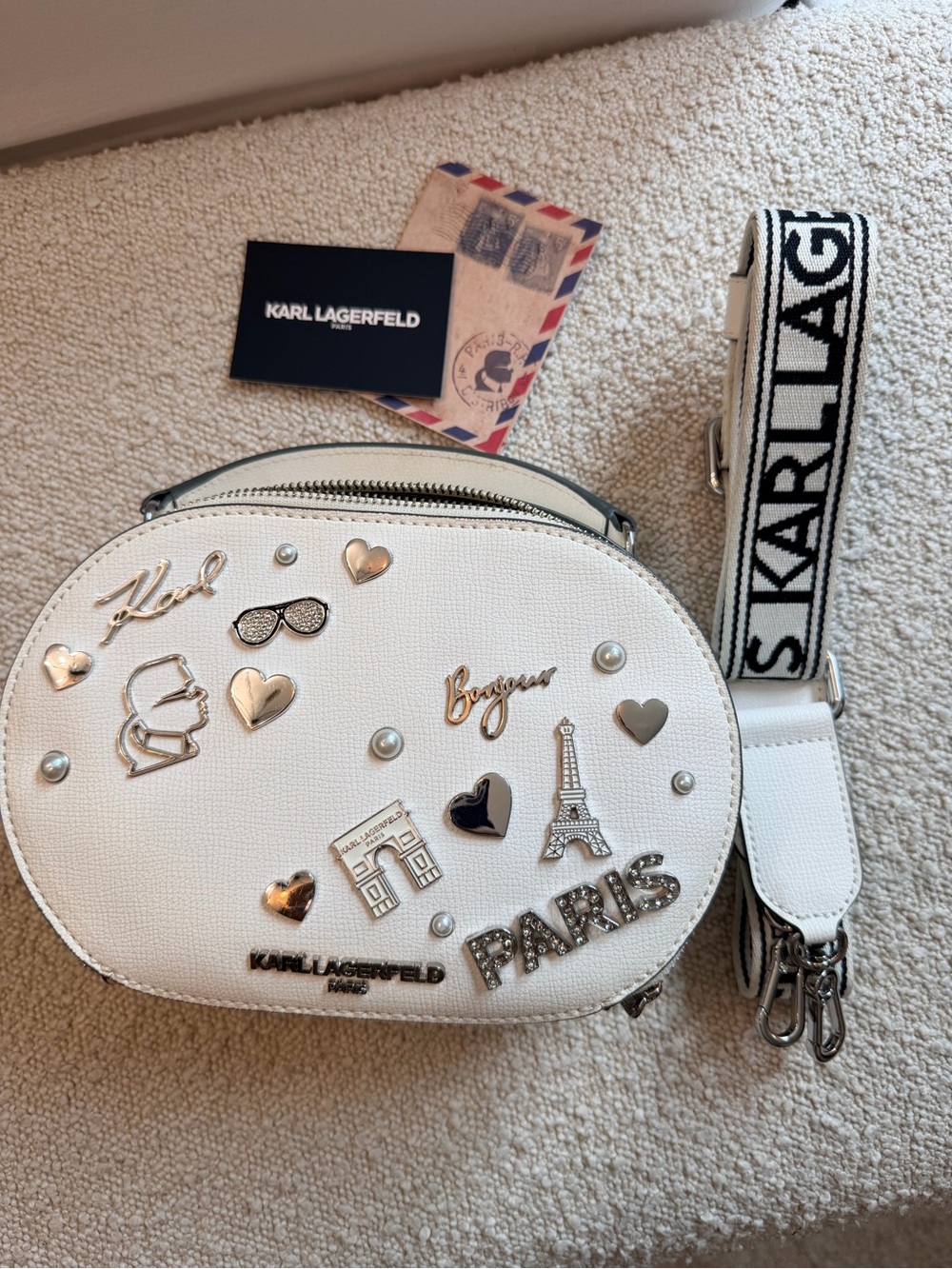 Karl Lagerfeld White Paris Charm Embellished Crossbody Bag